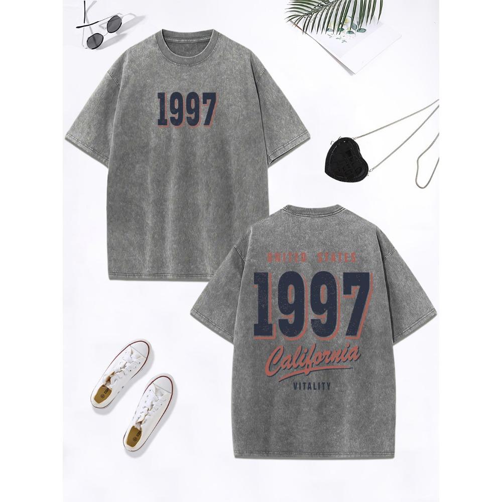 

США 1997 Калифорния Искусство Принты Письма Выстиранные Футболки Женские Хлопковые Топы Оверсайз Потертые Футболки с Круглым Вырезом Одежда S