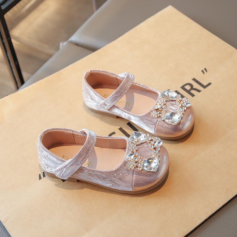 Kids Leather Shoes Shiny Crystal Girls Flat Shoes Round Toes Hook&loop 2025 New Children Princess Shoes Elegant Sweet Ins Trendy