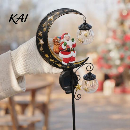 Winter Garden Floor Decor Santa Stake Light, Solar Powered Crescent Moon Lamp, Double Auto On Off Lamps Glass Globes, Christmas Waterproof