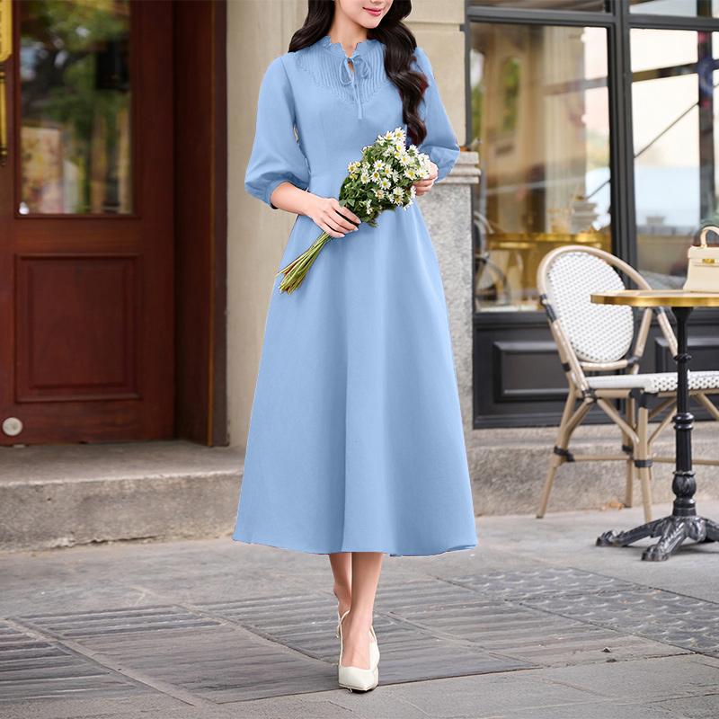 ZANZEA Women Casual Round Neck Solid Color Loose 3/4 Sleeve Dress