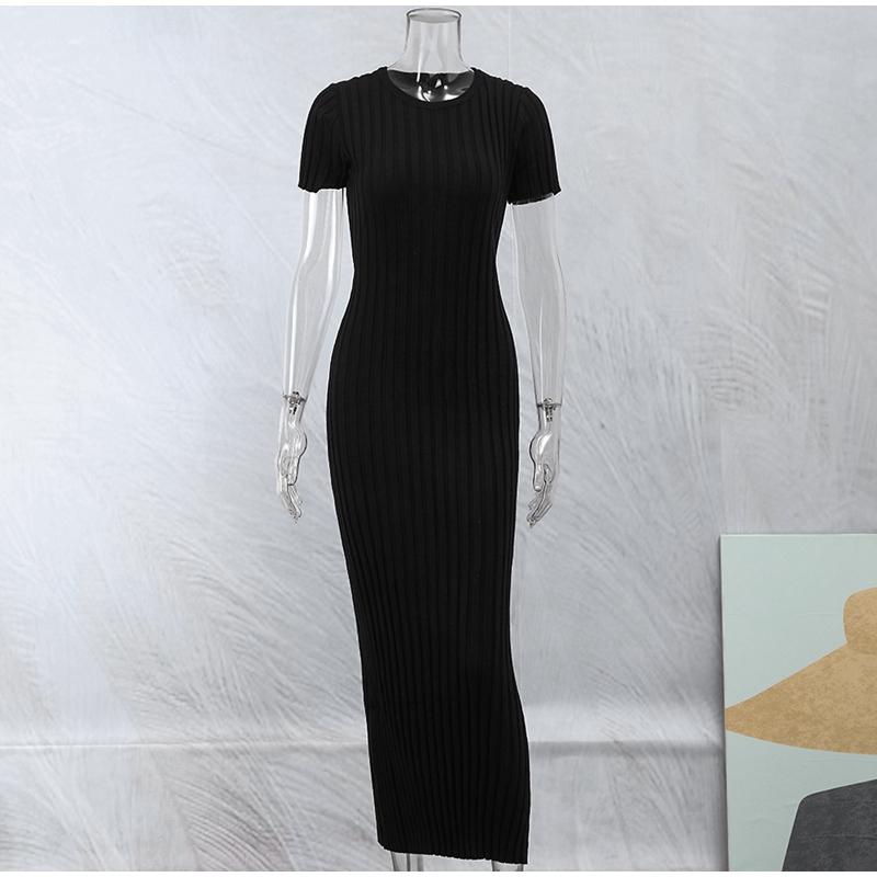 

Элегантное однотонное трикотажное платье макси в рубчик, женское плиссированное платье с короткими рукавами и круглым вырезом на шнуровке, женский уличный халат L чёрный