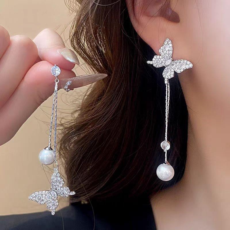Super fairy super flash butterfly pearl fringed earrings, temperament versatile earrings Internet celebrity earrings women