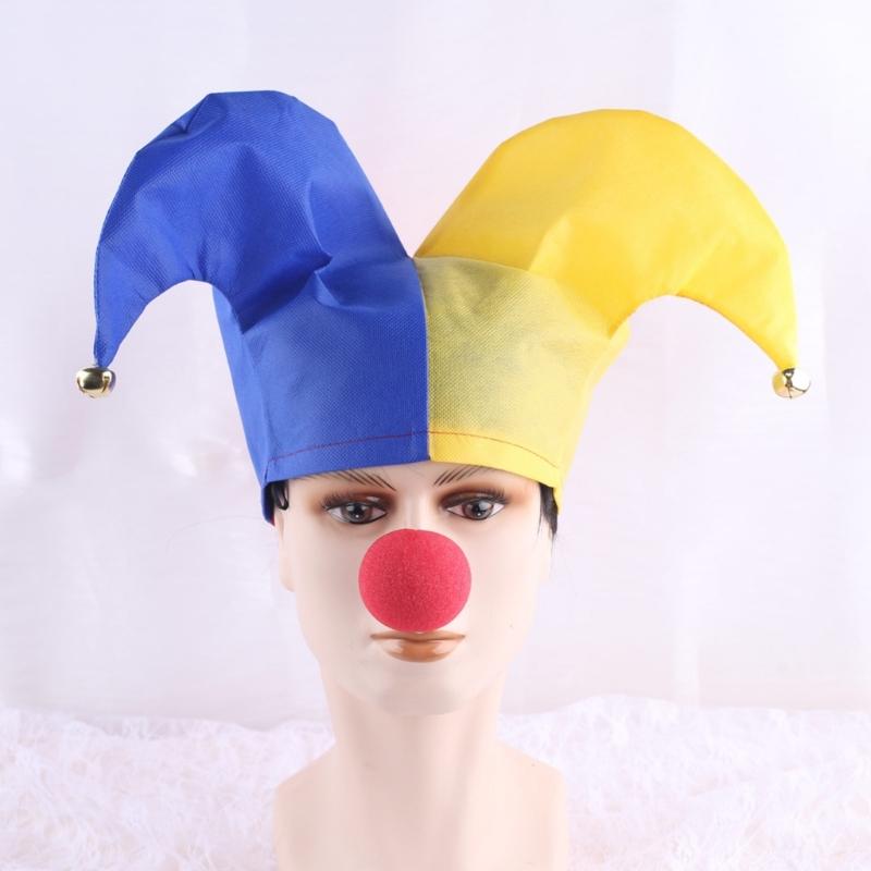 2Pcs Mardi Gras Jester Costume Accessories Halloween Masquerades Cosplay Costume Assecories Jester Hat Clown Nose Set