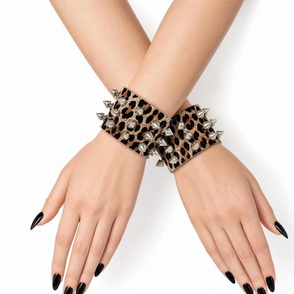 2pcs/set Adjustable Punk Goth Bracelet Wide PU Leather Bangle Leopard Wristband  Harajuku