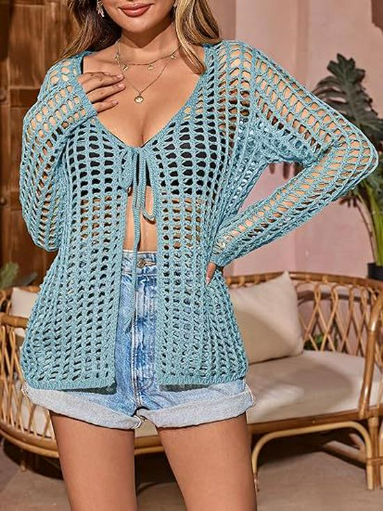 

Plus Size Summer Beachwear: Women s Solid Color Knit Hollow Bikini Swimsuit Cover-Up with Sun Protection 4XL небо синє кольору