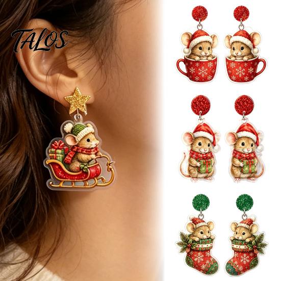 Holiday Party Accessories 1 Pair Cute Christmas Mouse Acrylic Earrings, 2D Flat Cartoon Animal Dangle Earrings Drop for Women, Glitter Star