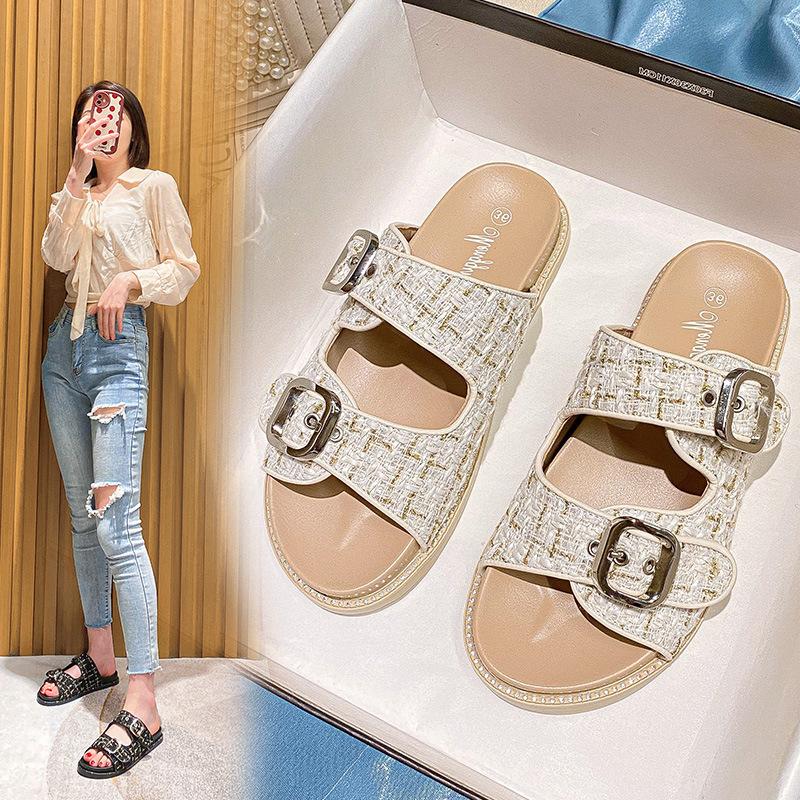 

Xiaoxiangfeng slippers women s summer outer wear New Year s fashion cool slippers muffin thick-soled flat beach shoes 43 абрикосовий