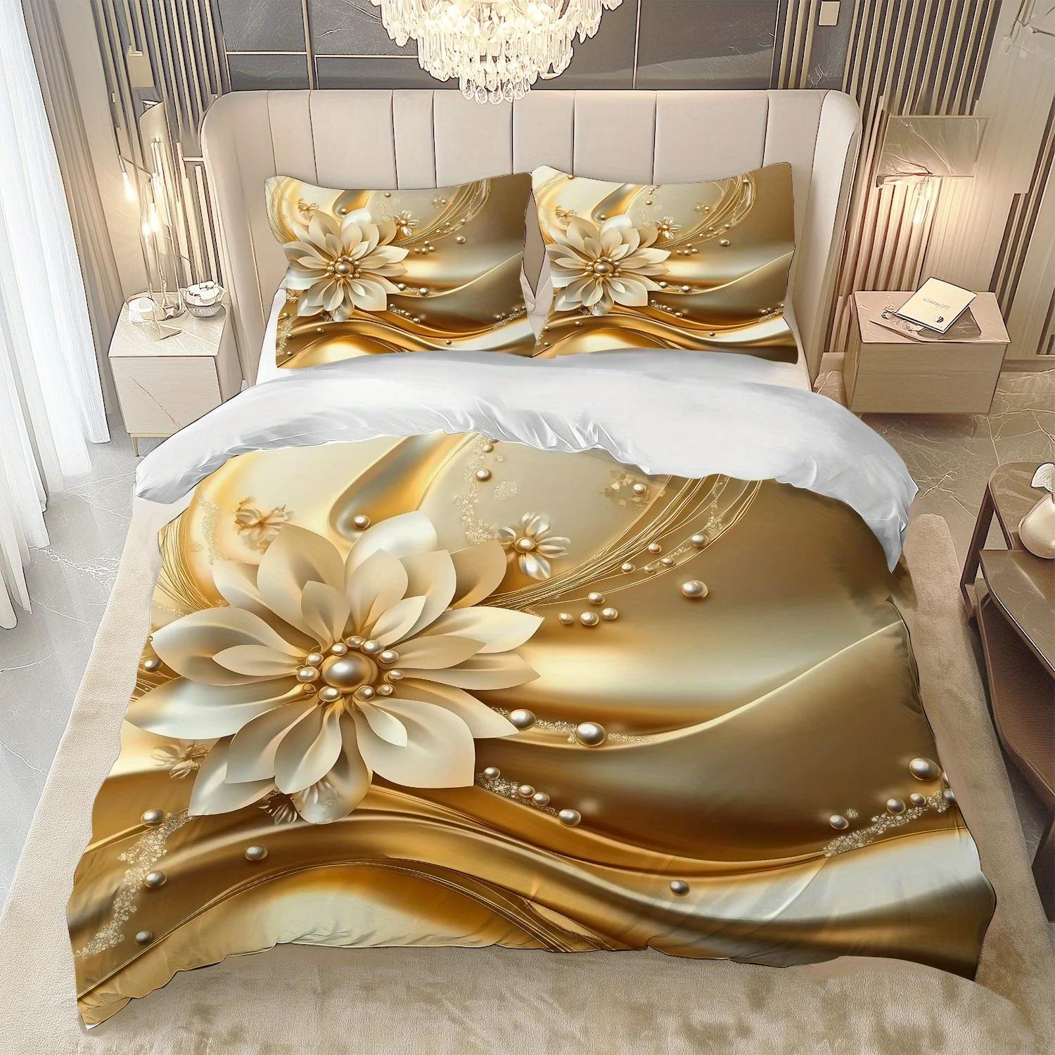 

Latacaca 3Pcs Golden Floral Wave Cozy Duvet Cover Set With One Quilt Cover And Two Pillowcases Bedding Set EU Twin(135x200cm)