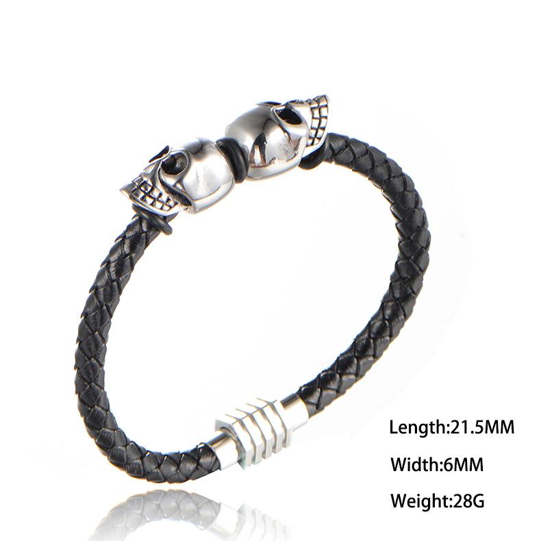 Hand-woven Double-layer Leather Bracelet, Skull Ghost Head Men's Titanium Steel Bracelet