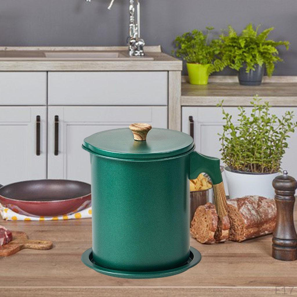 Container Iron Wood Grain Handle Storage Pot with Coaster Tray Fine Mesh Strainer Oil