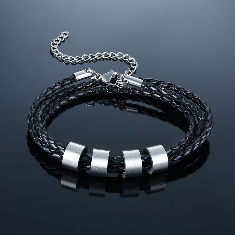 Vnox Free Personalize Family Name Bracelets for Men Layered Leather With Beads Charm Bracelet Couple Anniversary Gift to DAD Son