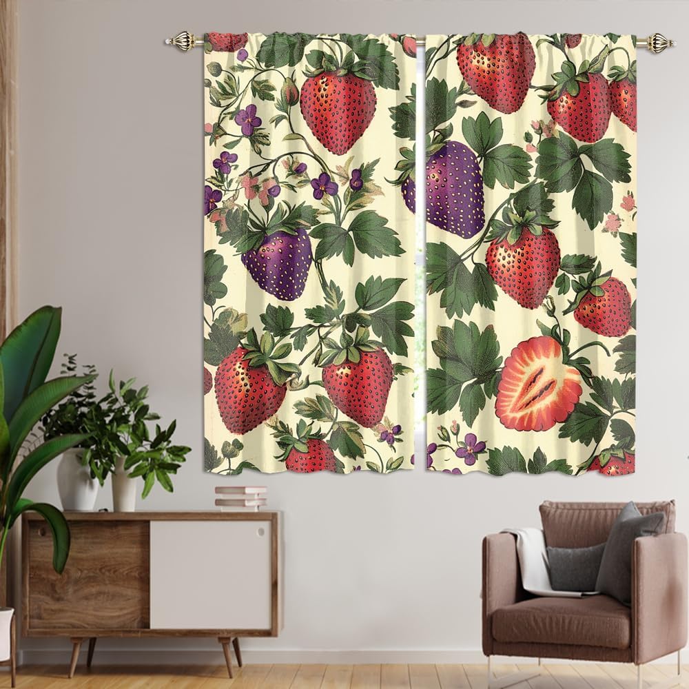 Cartoon Strawberries Curtains Bedroom,Vintage Tropical Fruit Strawberries Pattern Thermal Insulated Darkening Pocket Curtains