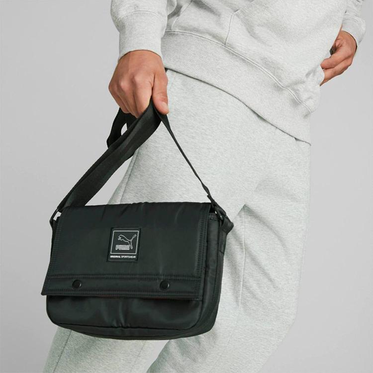 Puma Solid Color Flap Adjustable Shoulder Strap Fabric Messenger Bag Unisex Shoulder Bags Black 079658-01