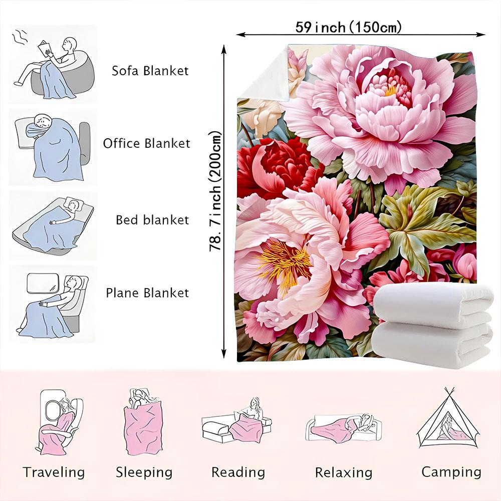 Peony Blush & Red Floral Throw Blanket - Soft, Lush Textured Design with Pink/Red Peonies, Golden-Yellow Stamens, Green Leaves -