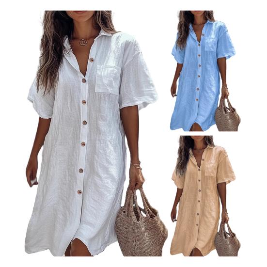 Women Shirt Lapel Short Sleeve Casual Commuter Style Shirt Solid Color Loose