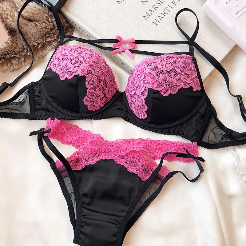 

Новый кружевной комплект нижнего белья с вышивкой, женские сексуальные полые бандажные бюстгальтеры для молодых девушек, милый розовый бюстгальтер и трусики, комплект нижнего белья L фуксия