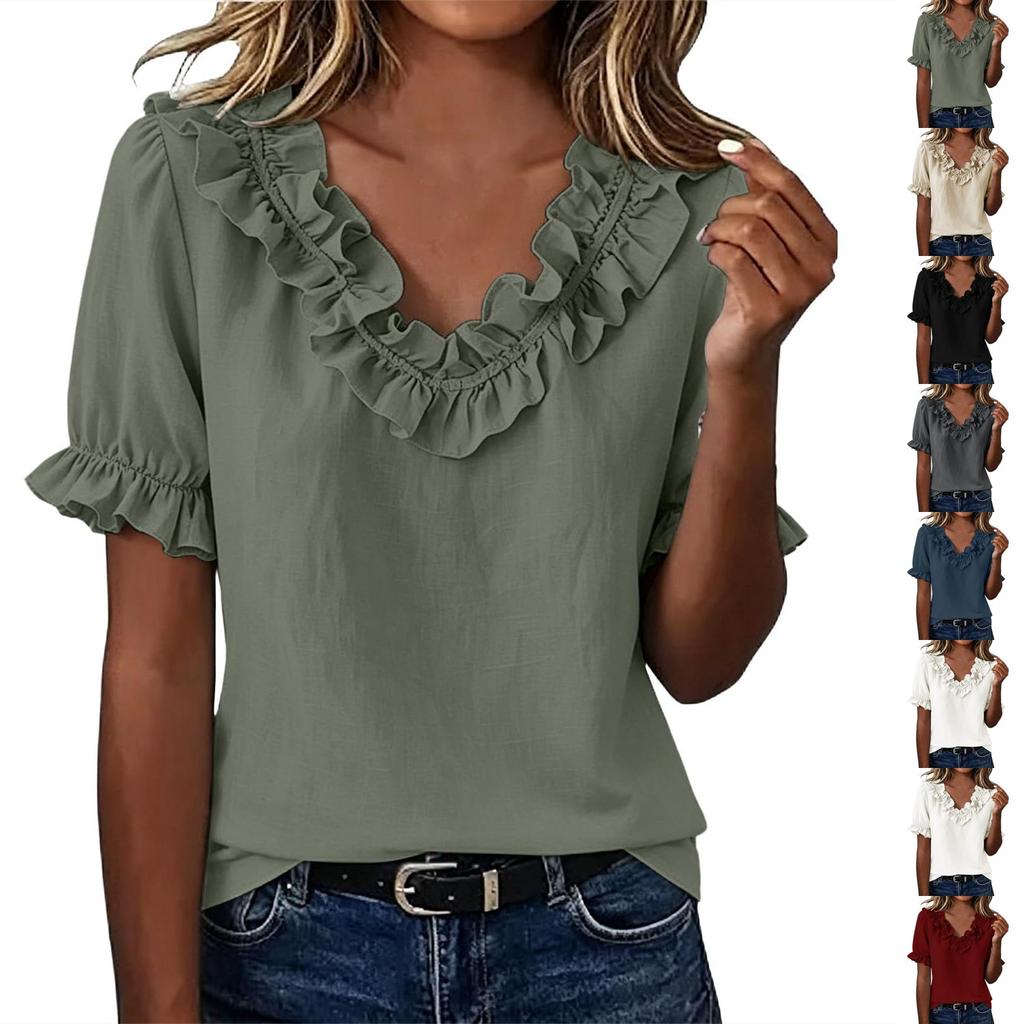Women's Casual Short Sleeve V-Neck Ruffled Blouse Pullover Top - Fashion Summer Tee for , Date, or Daily Wear