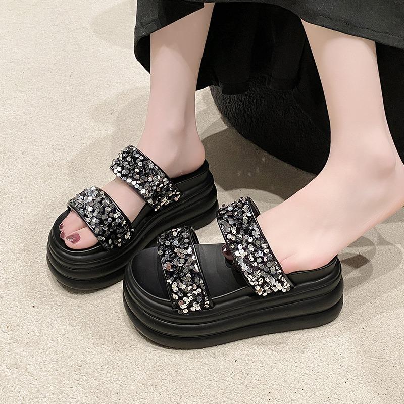 Mode Sommer Damen Hausschuhe Flip-Flops Damen Strand Bling Klobige Schuhe Keilabsätze Draußen Sandalen Frau Hohe Plateau Hausschuhe 9CM