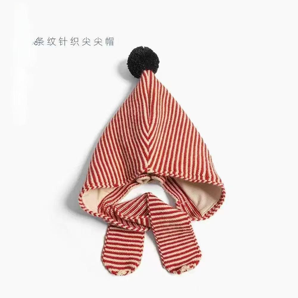 Children's striped hat and scarf integrated autumn and winter elf pointed hairball ear hat, windproof and warm for boys and girls