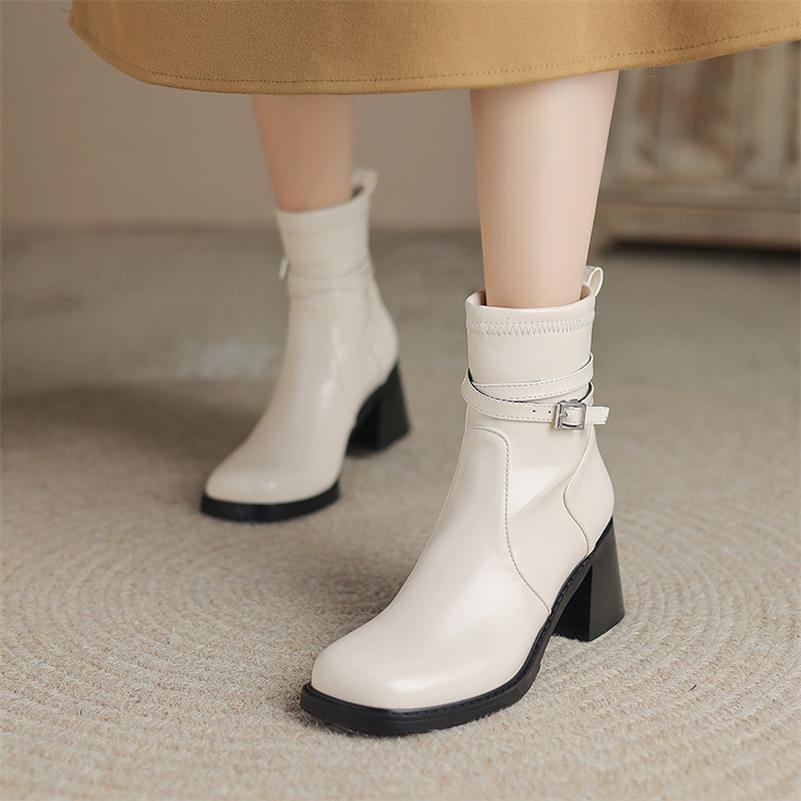

Meotina/женские ботильоны, короткие ботинки с круглым носком на массивном высоком каблуке и пряжкой, лаконичная женская модная обувь, осень-зима, черный, бежевый, 46