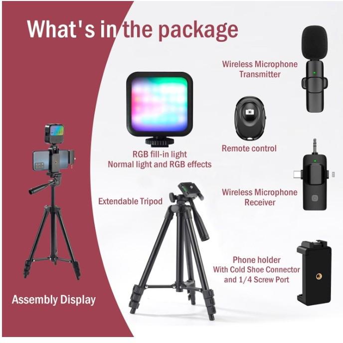 Mobiles Live-Streaming-Kit: Stativ, Fülllicht, Kabelloses Ansteckmikrofon, Taschenlampe