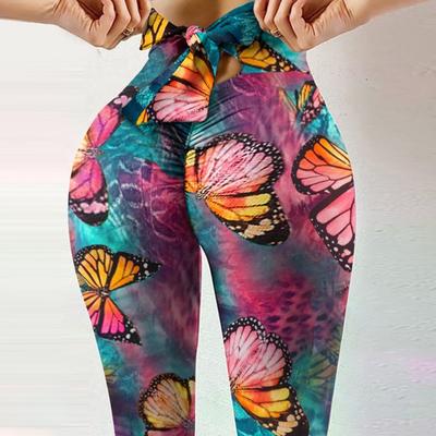 New Arrival Fitness High-Stretch Sweat-Wicking Digital Print Bow-Tie Drawstring Trousers Leggings High-Waisted Slim-Fit Yoga Pants for Women