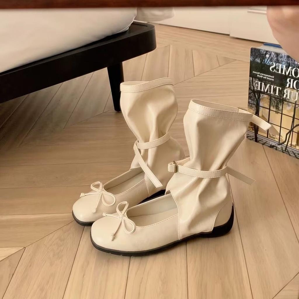 Lambskin heightening 5cm Maillard boots design sense round head bow cool boots ballet single shoes knight boots