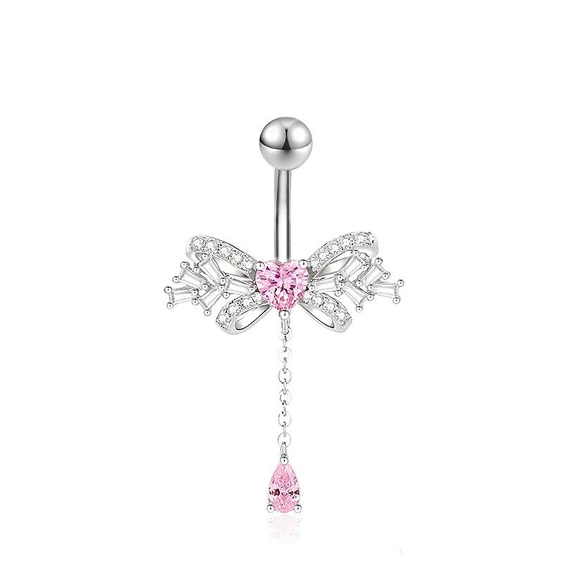 Pink Zircon Butterfly Heart Belly Button Ring For Women Stainless Steel  Flower Tassel Navel Ring Body Piercing Jewelry