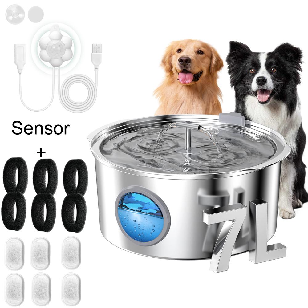 7L Large Capacity Stainless steel Cat Dog Pet Drink Fountain With Water Level Window Silent Water Pump Dispenser USB Water Bowl