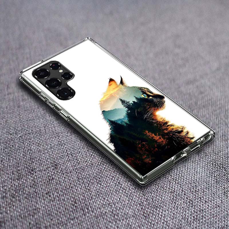 Forest and Cat Phone Case For Samsung Galaxy S24 S23 S21 S20 FE S22 S26 Ultra S25 Edge S10 Plus Cover Clear TPU Capa Shell Coque