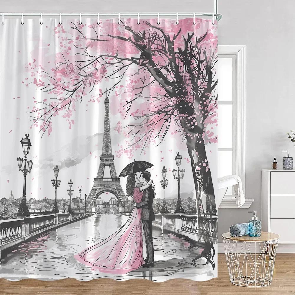 Pink Fashion Romantic Shower Curtain Paris Landscape Dress Pink Bathroom Decoration Modern Bathroom Curtain with Hook