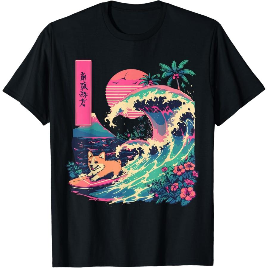Japanese Corgi Surfing Great Wave Japan T-Shirt XXXXXL чёрный