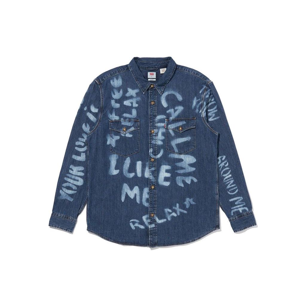 Levis Letter Embroidered Button-Down Denim Long Sleeve Shirt Men shirts Indigo-Blue A1919-0023