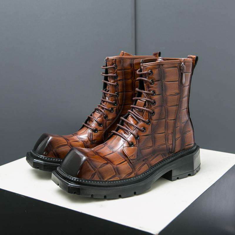 Fashion Fashion Retro Men Square-Toe Leather Boots Lace-up Motorcycle Boots Dress Shoes Luxury Thick Soled Boots Cowboy Boots Quality