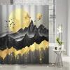 Chinese Style Golden Mountain Flying Bird Golden Moon Abstract Peaks Shower Curtain, Decorative Printed Bath Towel with Hooks