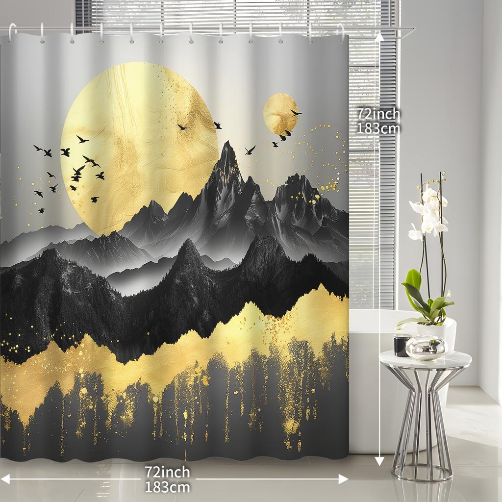 Chinese Style Golden Mountain Flying Bird Golden Moon Abstract Peaks Shower Curtain, Decorative Printed Bath Towel with Hooks