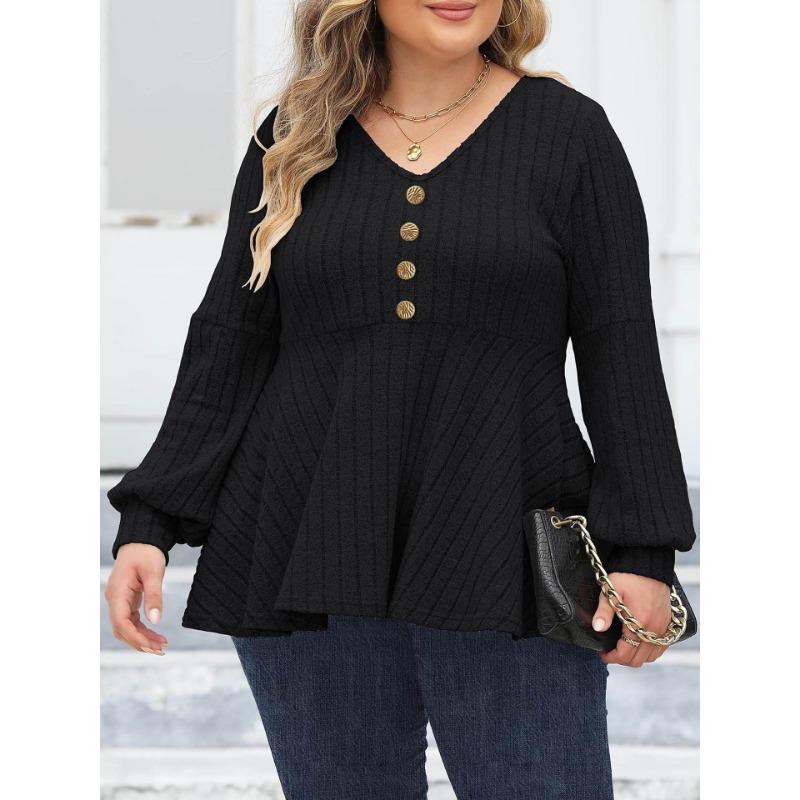 Women S Plus Size Fall Winter Knit Top Lantern Sleeve Button Decorated Pullover Sweater