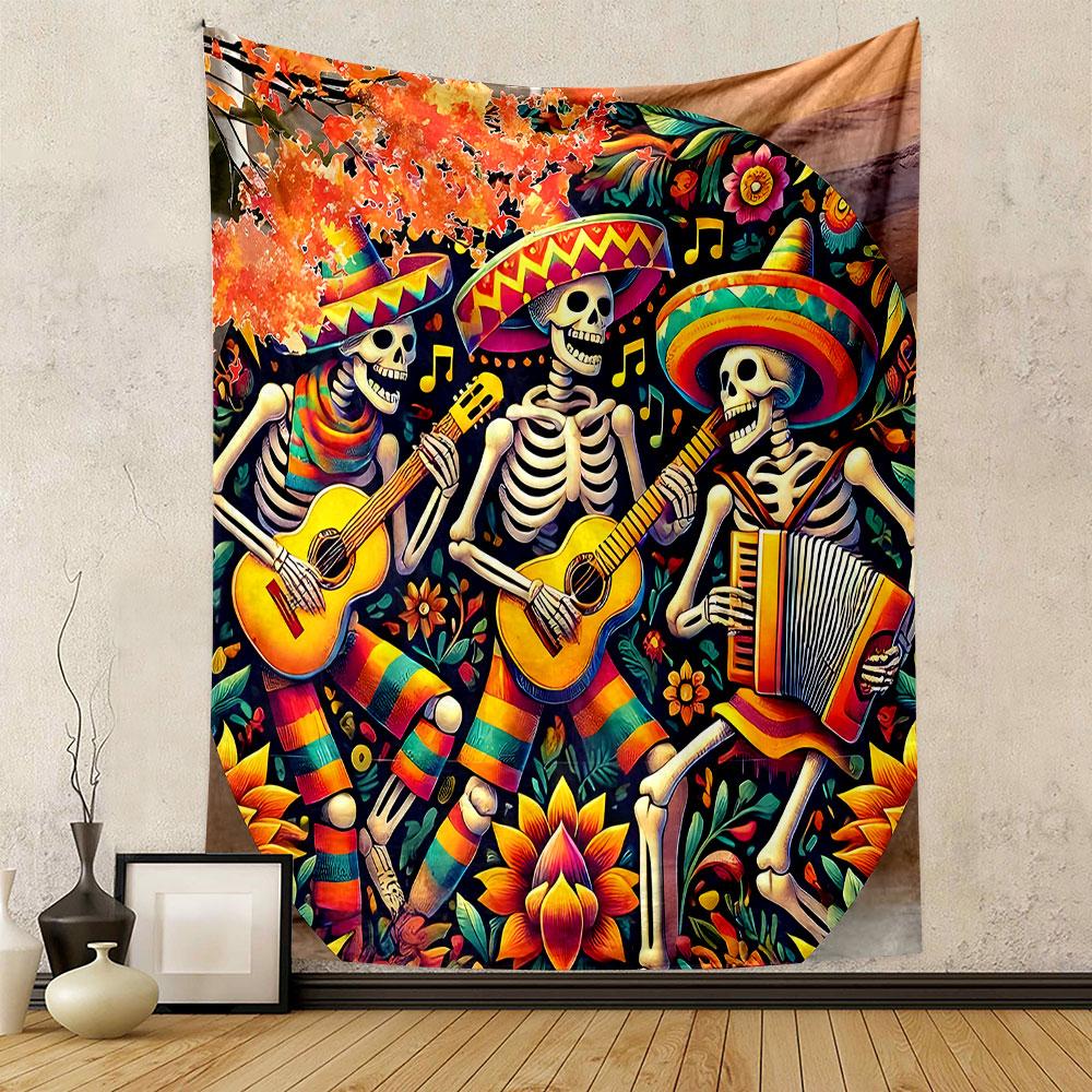 Colorful Day of the Dead Skeleton Band Patterned Tapestry Decorative Wall Hanging, Home Bedroom Living Room Decor