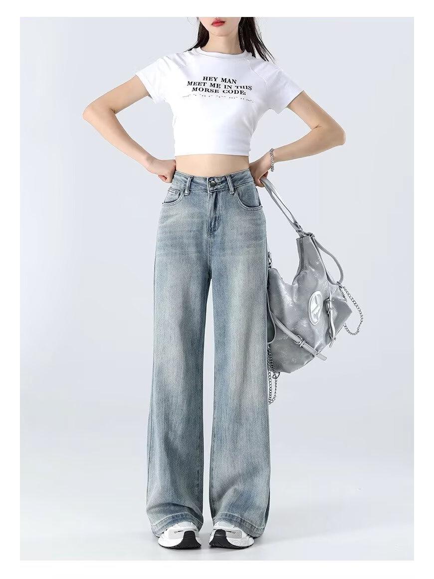 Spring 2026 Women s Retro Wide-Leg Jeans: Slimming Loose Drape Style 3XL