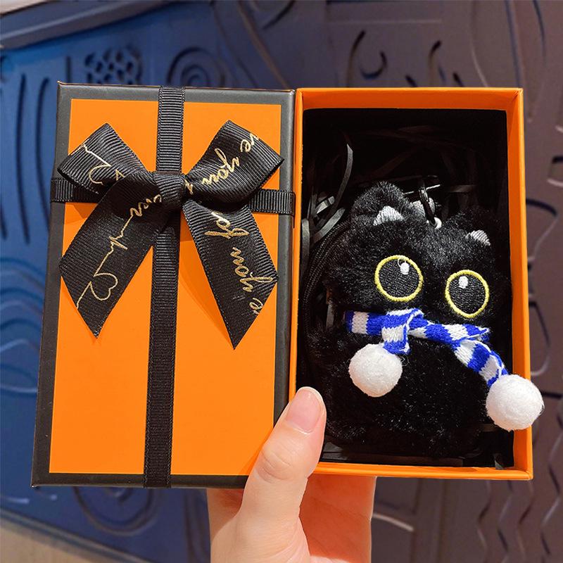 Charming Black Cat Lanyard with Big Eyes and Fish Plush Pendant for Couples