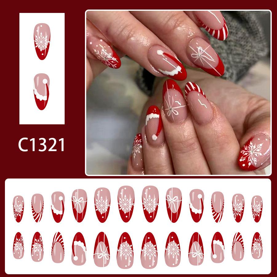 2026 Christmas Red Stripe French Glossy Medium Almond Press On Nails 24pcs with Glitter Snowflake Design красный