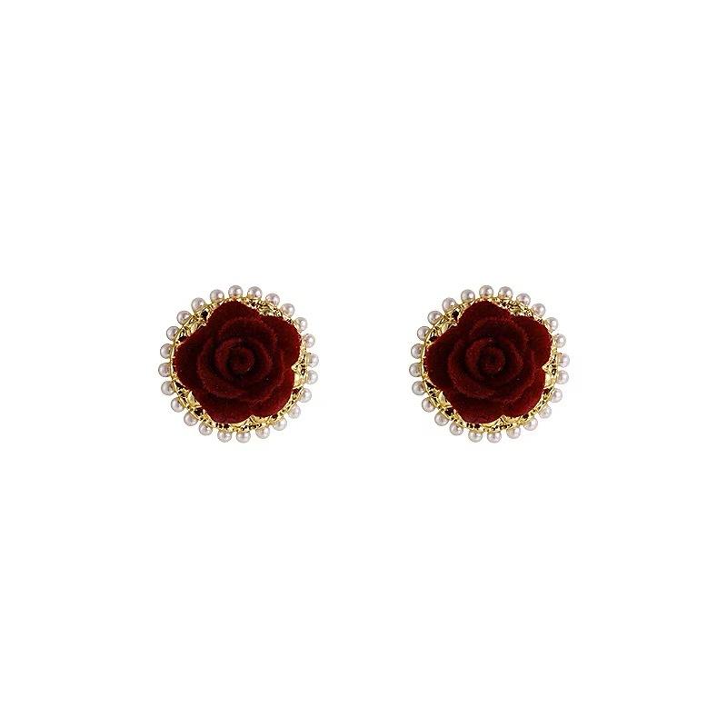 Ankola Flocking Red Flower Bead Stud Earrings Fashionable Sweet Exquisite Earrings Women's New Popular Versatile Earrings