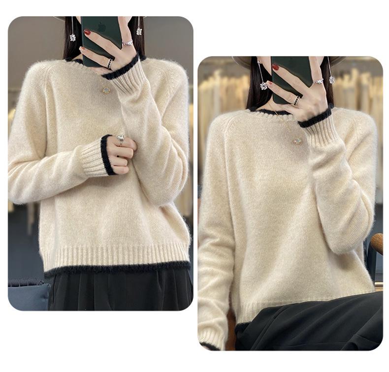 Damen Colorblock Rundhals Schlankmachender Wollstrick Pullover & Basisschicht