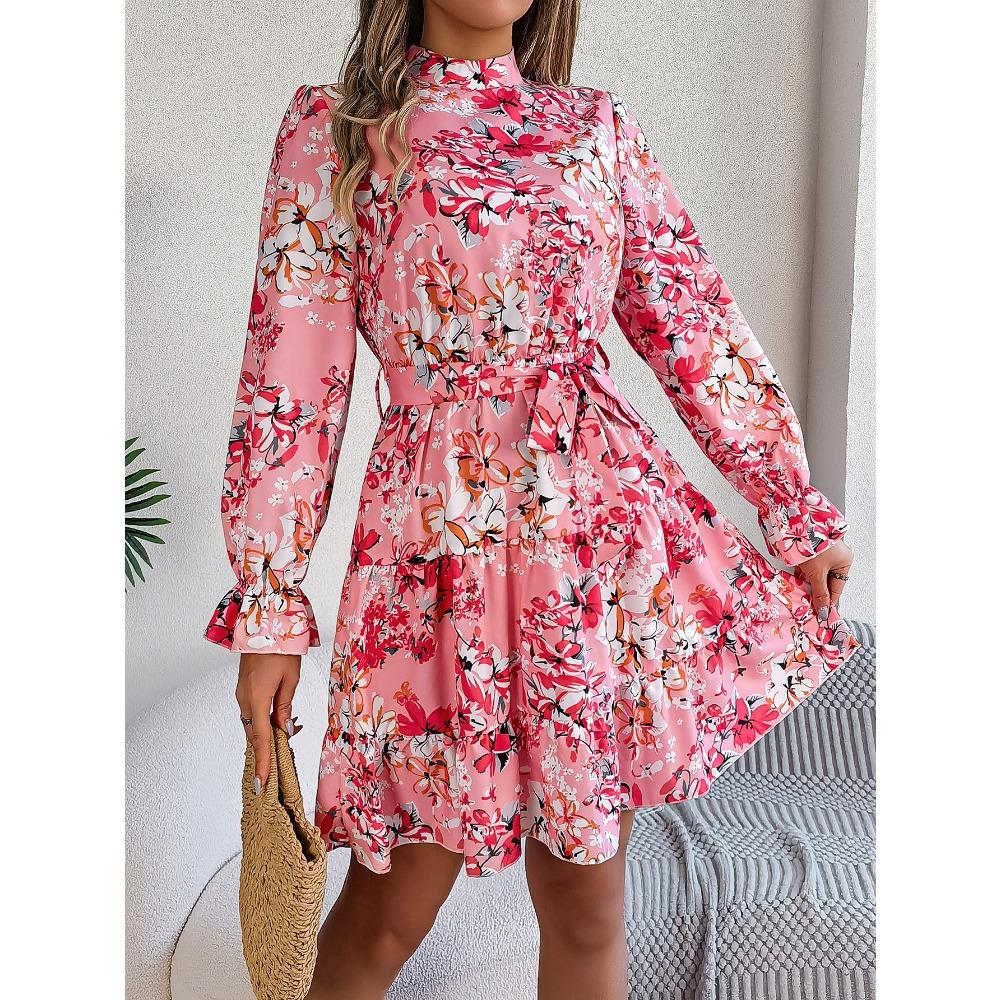 Robe Florale pour Femme Élégante Col Montant Floral Taille Marquée Manches Longues Volants Jupe A-Ligne