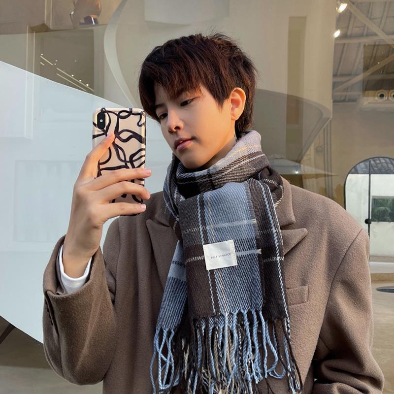 Men's Winter Unisex Plaid Shawl - Korean Style Versatile & Warm Scarf for Students & Couples