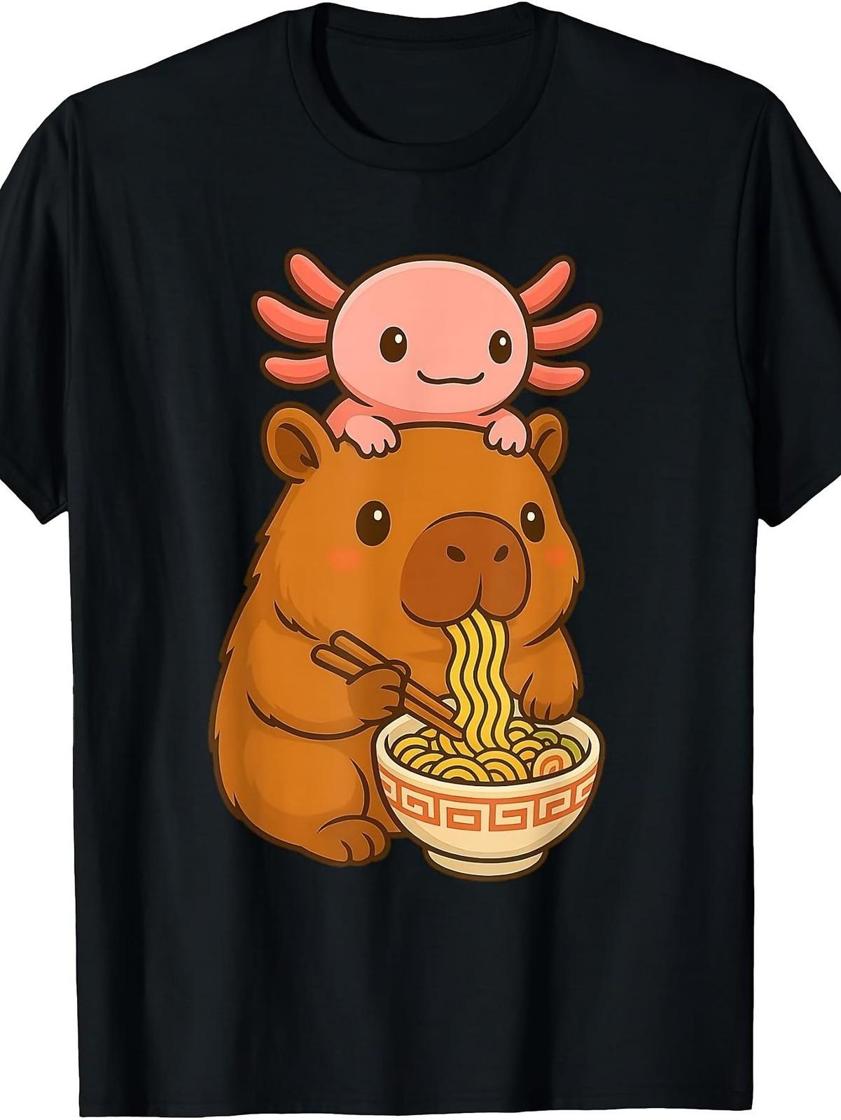 Funny Axolotl Noodle Anime Kawaii And Capybara Eating Ramen T-Shirt Vintage St S разноцветный
