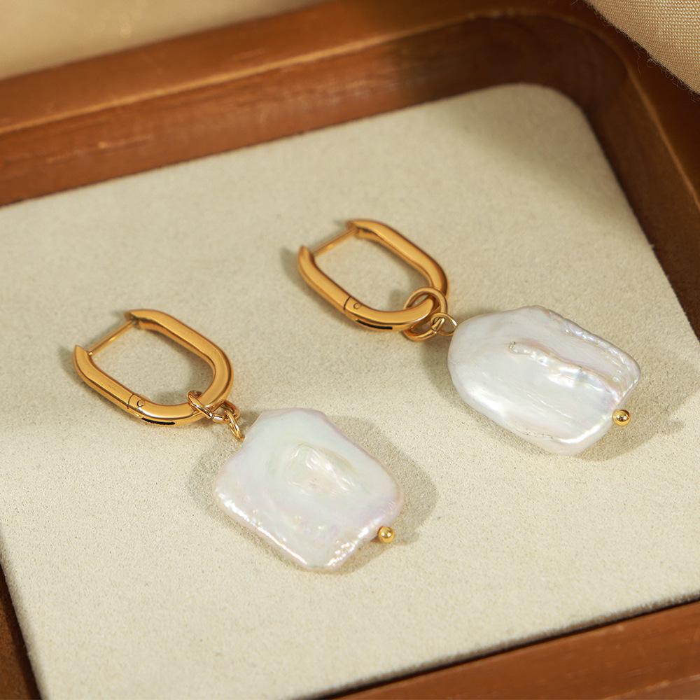 Gold-Plated Titanium Steel Irregular Freshwater Pearl Earrings - Retro Light Luxury Style for Women
