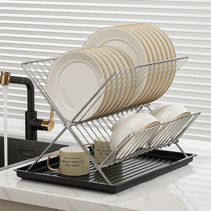 Foldable Dish Drying Rack with Drip Tray, Stainless Steel 2 Tier Dish Drainer Rack, Collapsible Dish Drainer, Folding Dish Rack