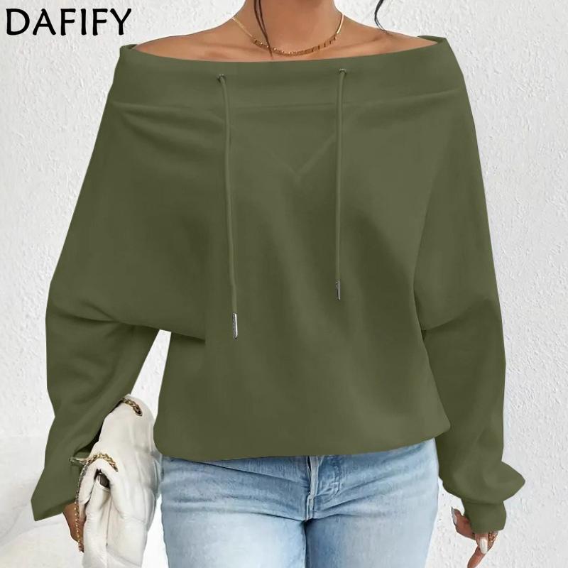 DAFIFY Women's Fashion Casual Spring Autumn Solid Color Print Long Sleeve One Shoulder Blouses & Shirts