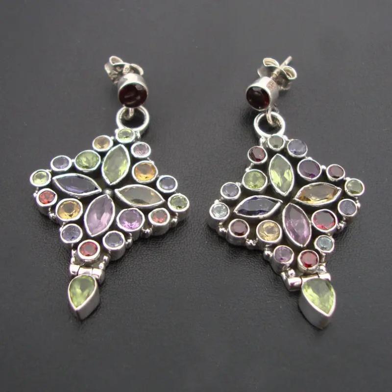 Vintage Oval Round Inlaid Purple Green Stone Flower Earrings Geometric Creativity copper Color Dangle Earrings for Women Jewelry